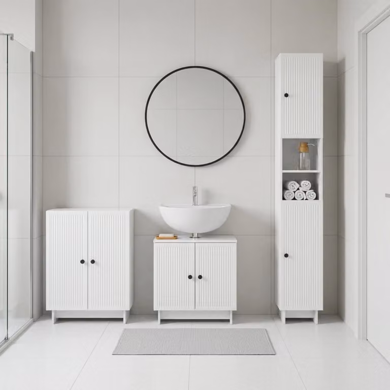 Set di armadietti da bagno moderni vidaXL in 3 pezzi, bianco lucido, con mobile lavabo e pensili