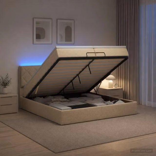 Letto Ottomano con Materasso Ibrido vidaXL, Colore Beige e Bianco, con Illuminazione LED Sotto il Letto e Porte di Ricarica USB, L/P/H: 200 x 200 x 88 cm