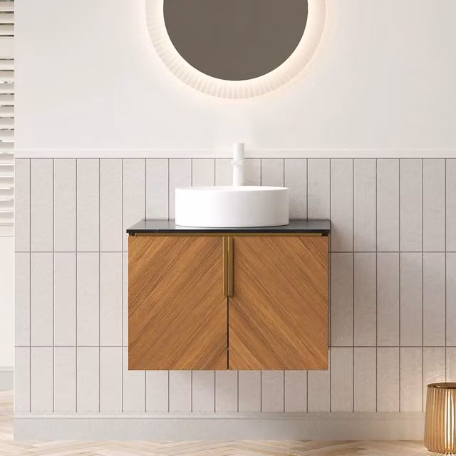 ARAI Lavabo da bagno a muro 61 cm, lavabo ceramica bianco rotondo, piano in pietra sinterizzata nero, mobile compensato 2 ante colore legno quercia marrone