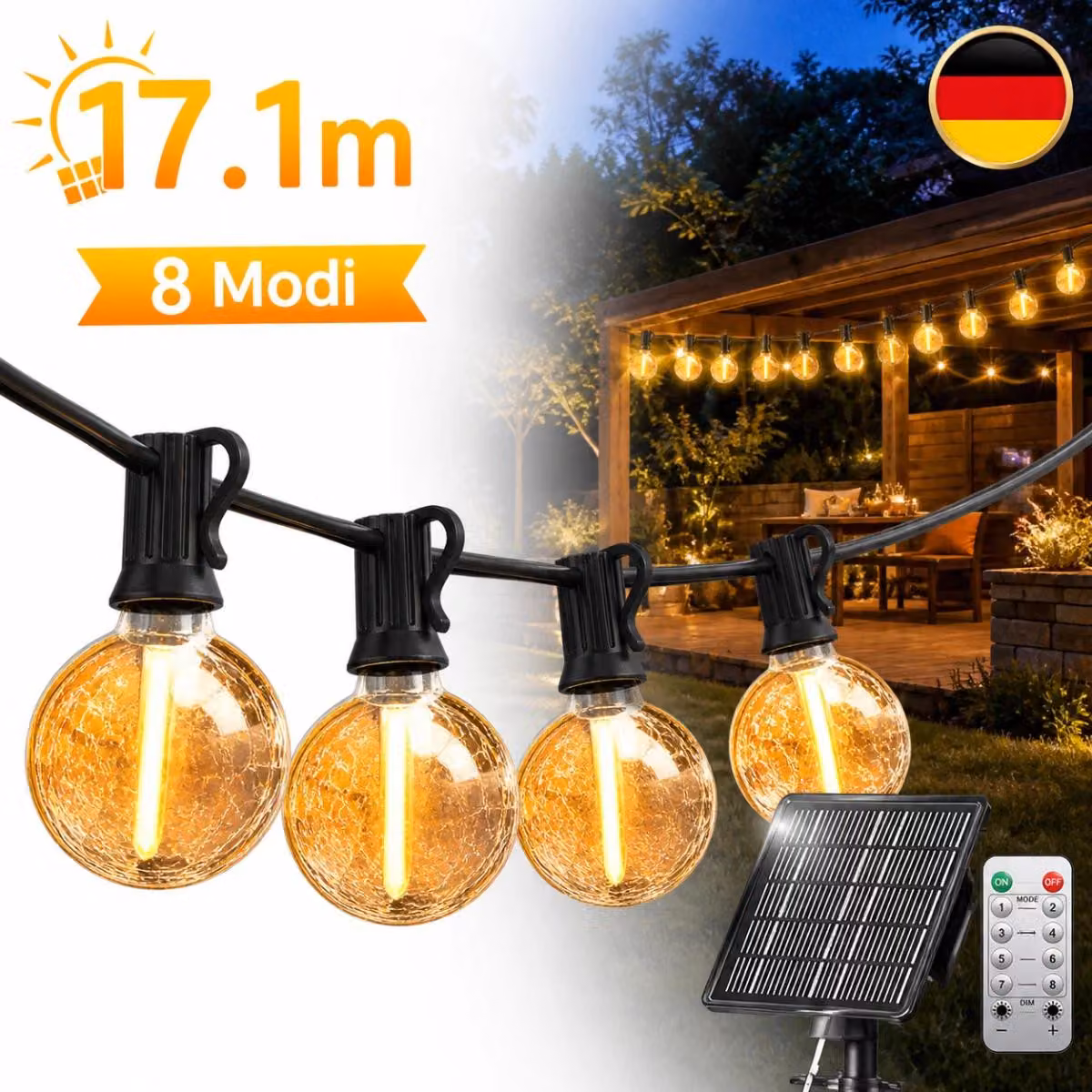 Catena luminosa a LED solare per esterni - 17,1 metri, 55 piedi, modello G40, per uso esterno