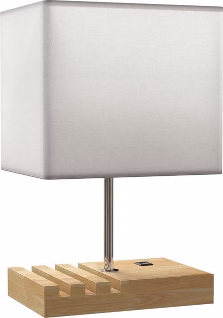 Lampada da Tavolo HOMCOM con Porte USB-A/C e Supporto per Telefoni, Base in Legno e Paralume in Tessuto Bianco – 1