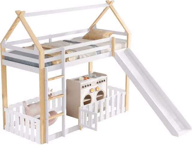 Letto a soppalco per bambini 90x200 cm con scivolo; tetto a casetta e area gioco recintata; bianco e legno naturale
