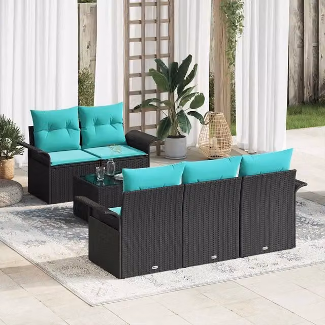 Set Divano da Giardino 6 pz Nero e Turchese polyrattan 3353915