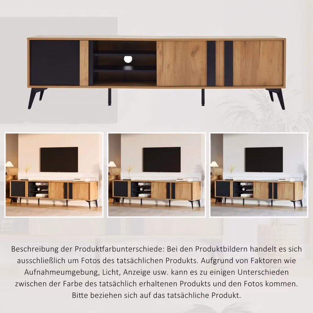 Mobile TV REDOM in stile rustico con 3 ante e 4 ripiani aperti, Nero/Marrone, L/P/H: 180 x 40 x 50 cm – 2