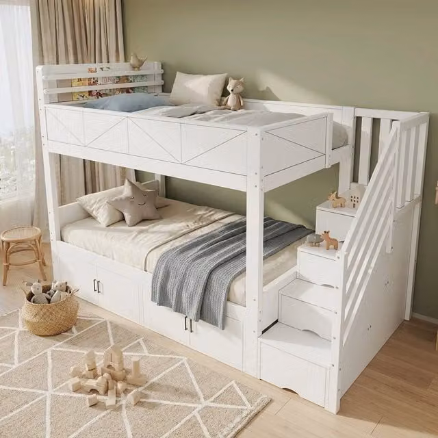 Letto a castello per bambini 90x200 cm con scala contenitore; vani chiusi; protezione alta; legno bianco