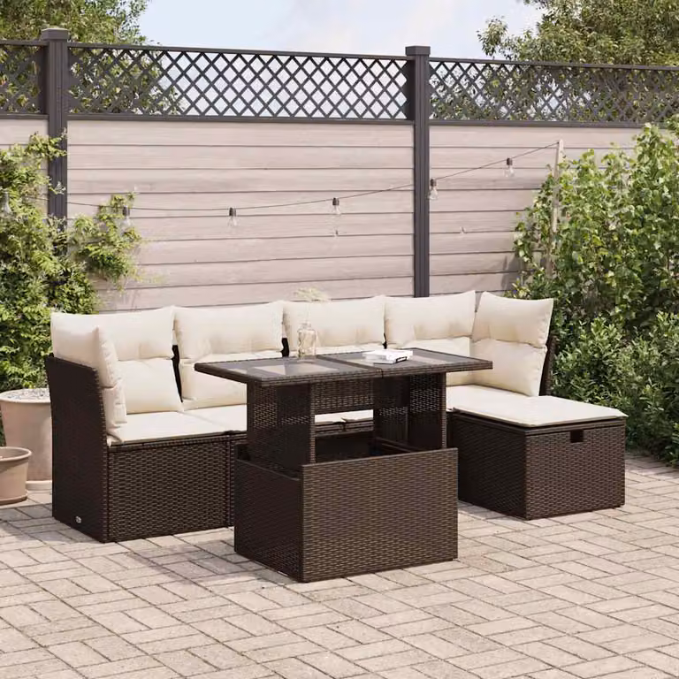 Set Divano da Giardino vidaXL 6 Pezzi a Forma di L con Cuscini Marroni e Tavolino, Struttura in Metallo e Polyrattan per Terrazza e Giardino