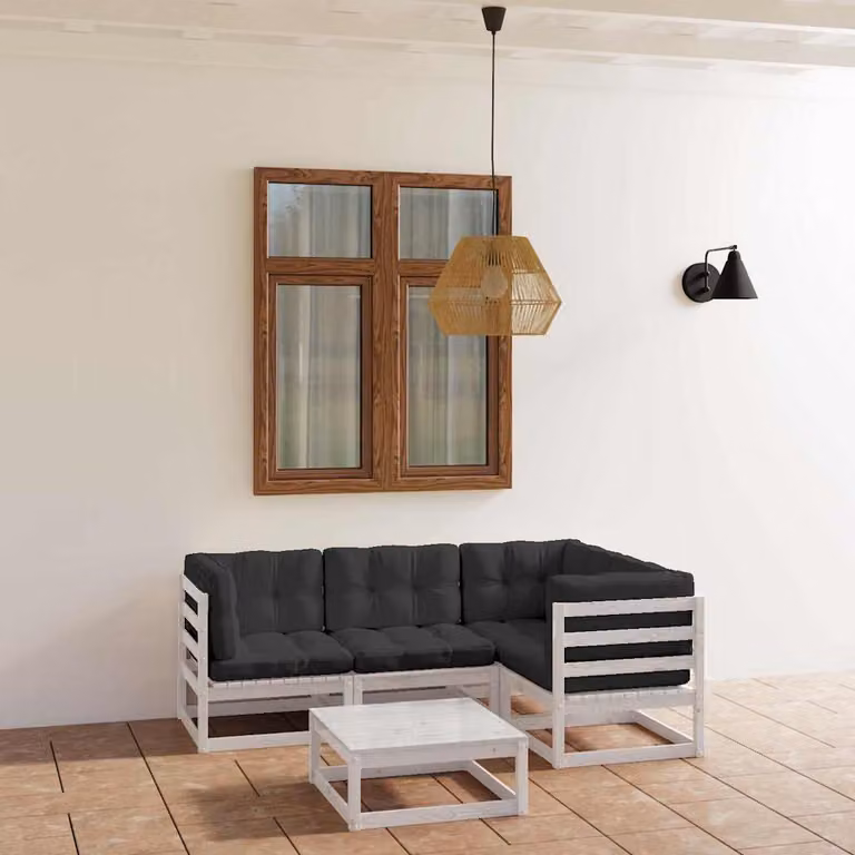 Set Divani da Giardino vidaXL 5 Pezzi con Cuscini e Tavolino in Legno di Pino Massello e Tessuto Antracite, Grigio o Bianco