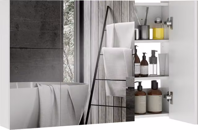 Pensile da bagno Xylo con specchio e 3 ante, ripiani regolabili e chiusura soft-close, legno bianco, L: 90 cm, P: 13,5 cm, H: 60 cm