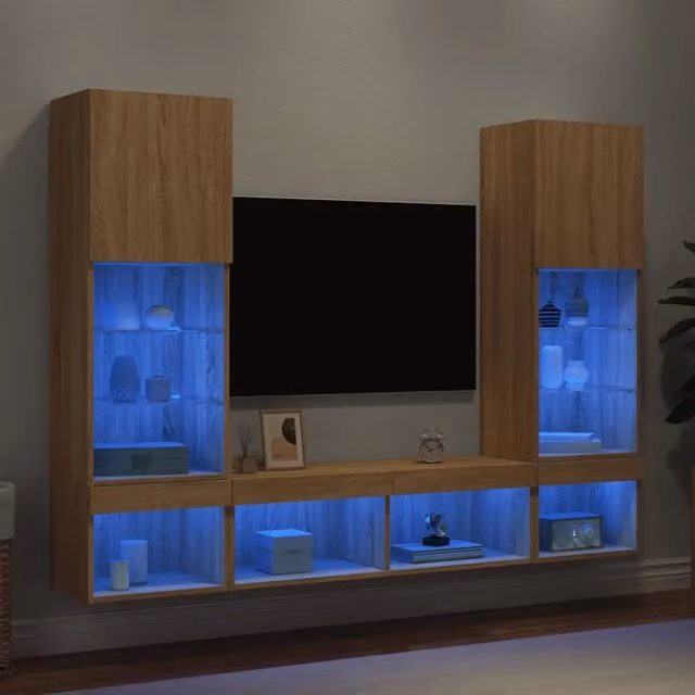 Mobili TV a Muro con LED 5pz Rovere Sonoma Legno Multistrato 3216692