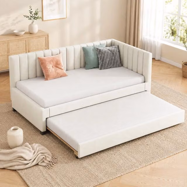 Divano letto estraibile 90x200 cm in velluto beige con rete a doghe; stile Mid-Century Modern