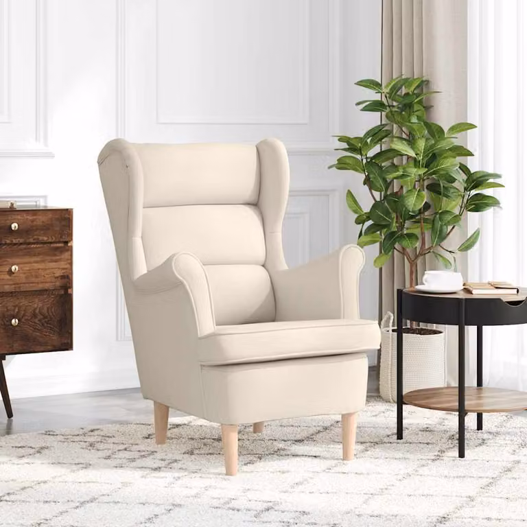 Poltrona vidaXL in tessuto bianco e beige con struttura in legno massello e braccioli, L 74 cm, P 84 cm, H 100 cm