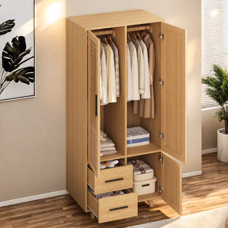 Armadio UnboxG effetto rovere con motivo a intreccio, 3 ante e 2 cassetti, sistema anti-ribaltamento, vano con asta appendiabiti e ripiani