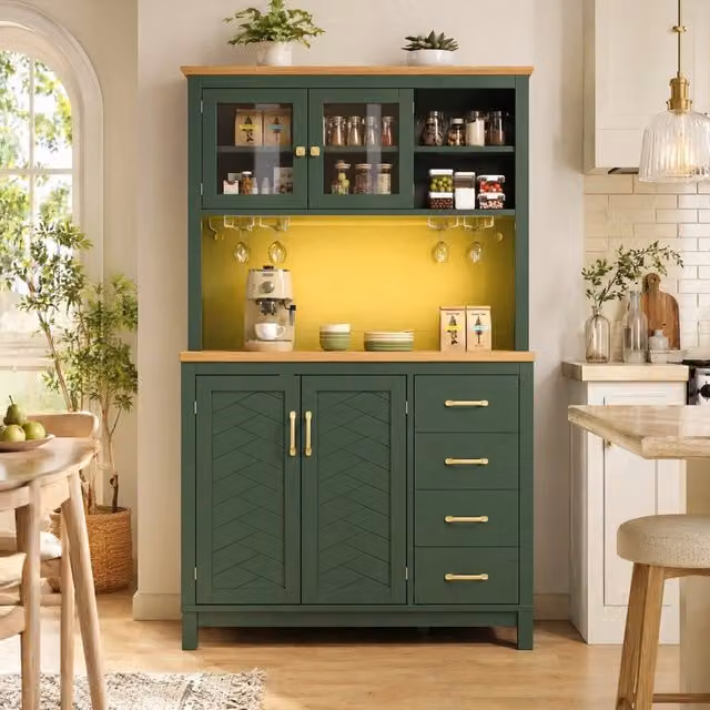 Credenza moderna Mivray in MDF verde con illuminazione LED regolabile via app, L: 105.5 cm, P: 40 cm, H: 180 cm