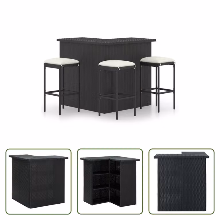The Living Store Set bar da giardino 4 pezzi con cuscini in poly rattan nero