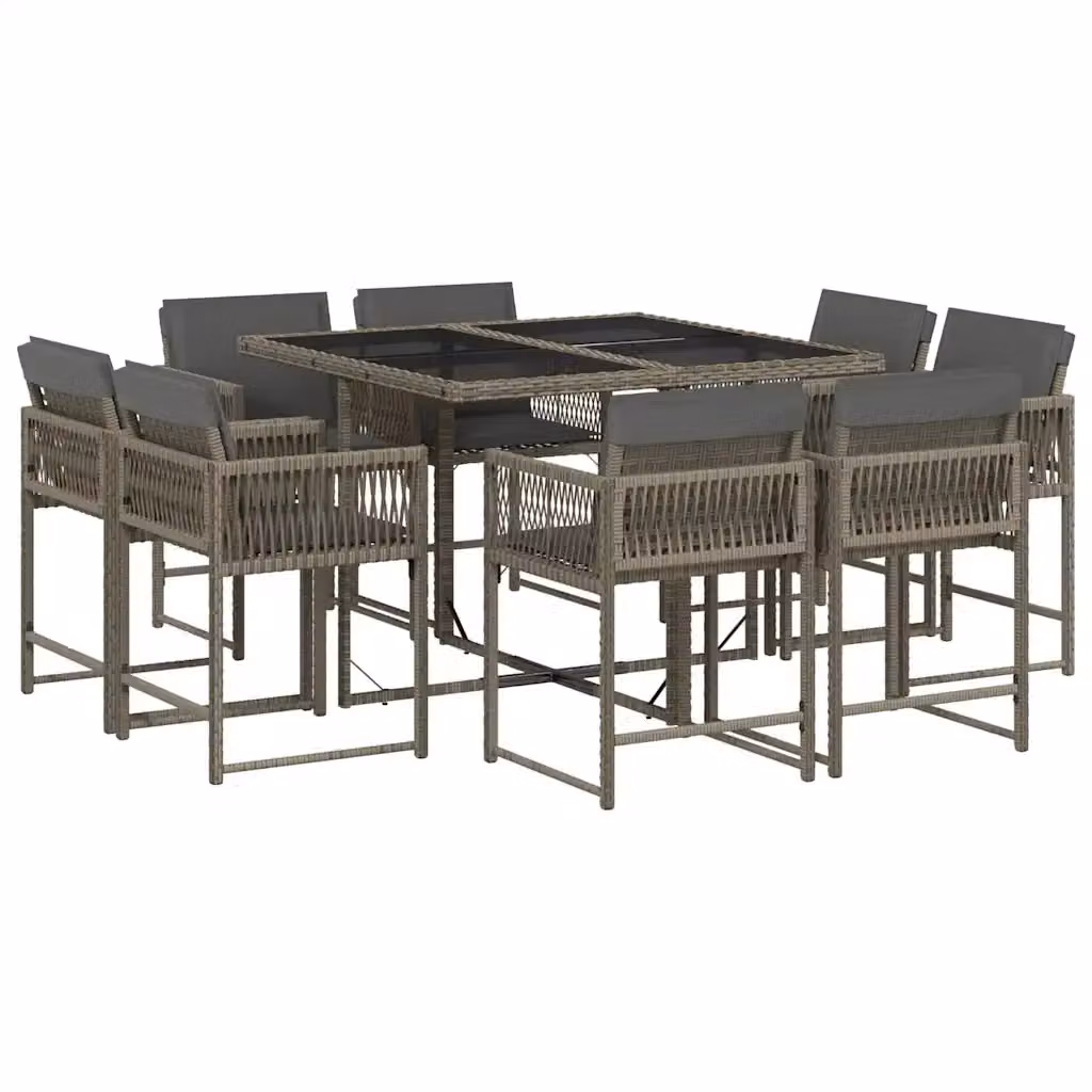 vidaXL Set da Pranzo da Giardino 9 pz in Polyrattan con Cuscini e Tavolo in Vetro Grigio e Nero – 2