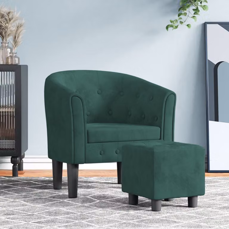 vidaXL Poltrona Cabriolet con Poggiapiedi in Velluto Verde Scuro L: 70 cm, P: 68 cm, H: 56 cm
