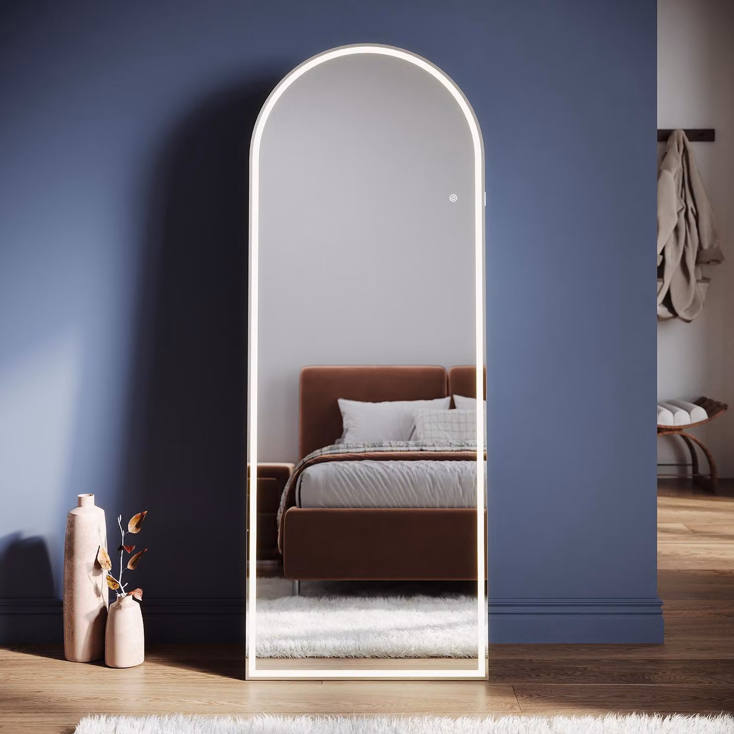 SONNI 160 x 60 x 3,5 cm Specchio da toilette curvo bianco con illuminazione LED e presa di corrente Montaggio a parete