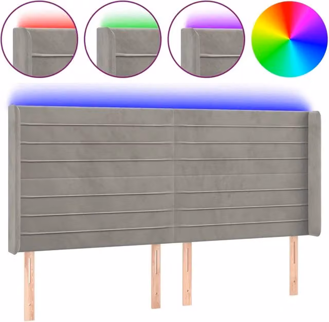 Testiera con illuminazione LED e porta di ricarica USB in velluto grigio chiaro DESIGN IN L/P/H: 203 x 16 x 118/128 cm