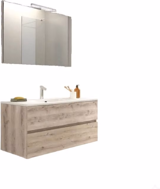 Mobile da Bagno Sospeso con Lavabo 90 cm e Specchio Bali Light Rovere Naturale