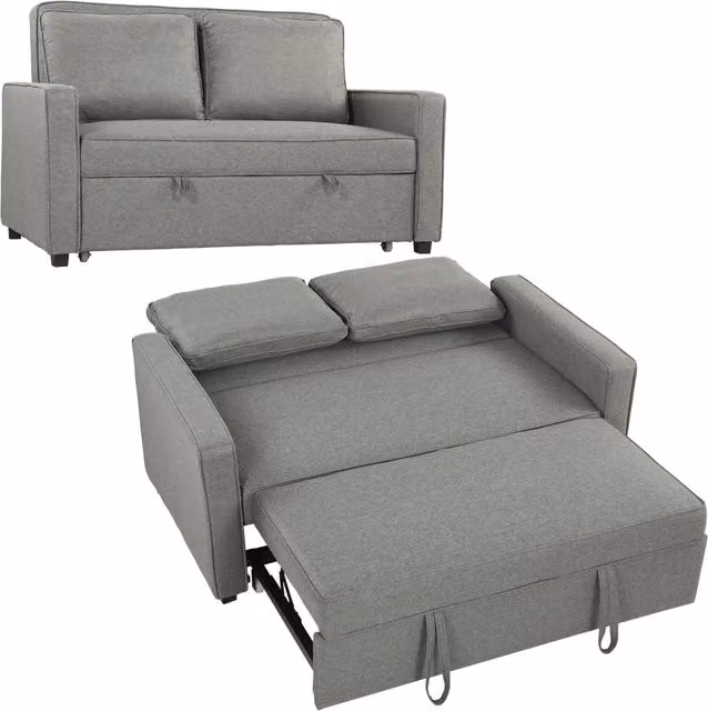 Divano Letto 2 Posti con Schienale Regolabile e Cuscini ¨C Minimal ¨C Tessuto Effetto Lino Grigio