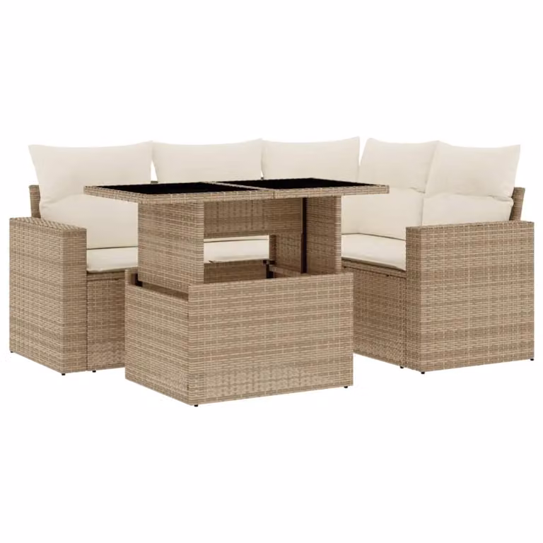 Set Divano da Giardino 5 pz con Cuscini Beige in Polyrattan