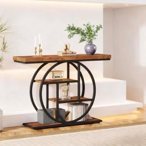 Consolle Mivray con 4 ripiani sfalsati in legno e metallo, colore nero e marrone rustico, L: 105 cm, P: 30 cm, H: 80 cm – 2