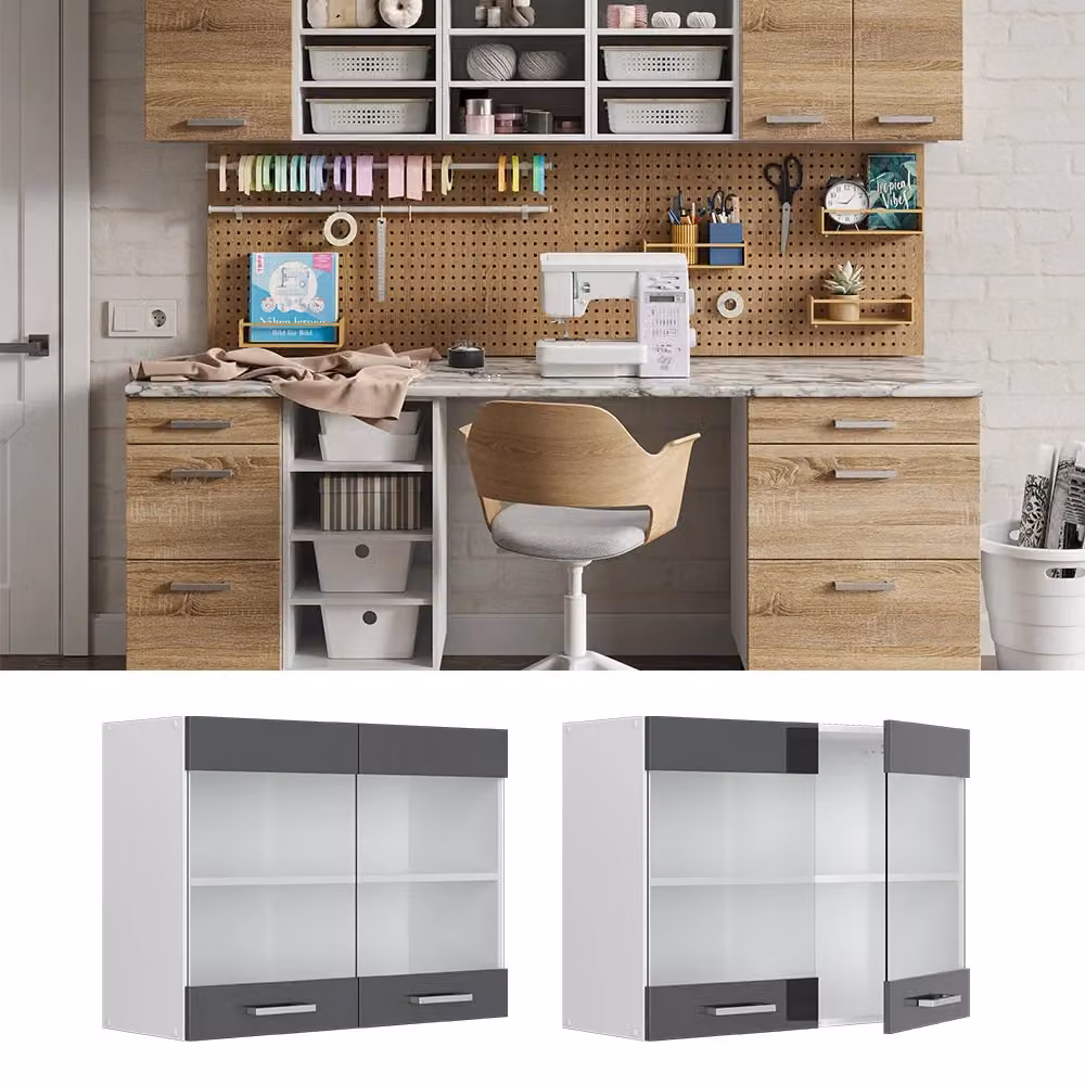 Pensile universale R-Line Vicco Antracite lucido con ante in vetro L: 80 cm, H: 60 cm, P: 31 cm – 2