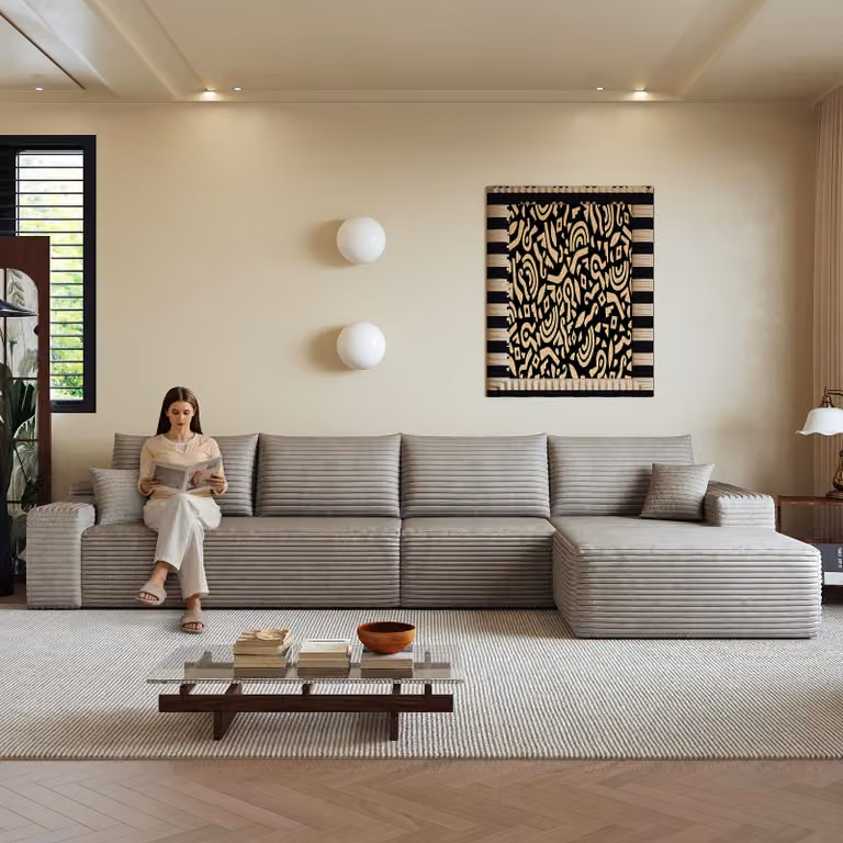 Divano angolare modulare senza schienale, con chaise longue a forma di L, design moderno, seduta profonda. Non richiede montaggio