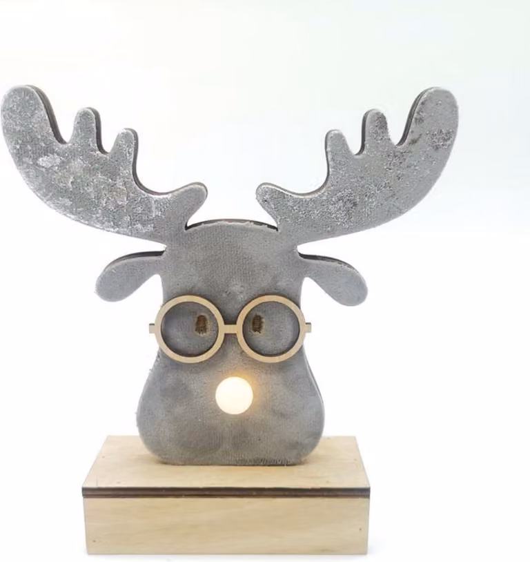 ACA Lighting decorazione in legno grigio testa di renna, 1 MINI LED a batteria (2xAA), WW, IP20, 18X4,5X16cm X06111211
