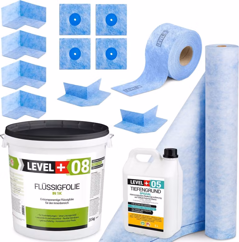 Kit di impermeabilizzazione Foglio liquido 20 kg Nastro sigillante 20 mb Primer 5 l Mat 2 mb Level+ SET45