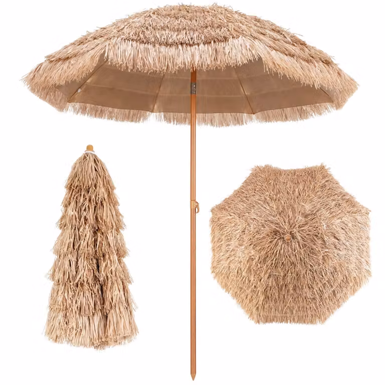 Ombrellone GOPLUS, ombrellone da spiaggia Hawaii, ombrellone da giardino rotondo, ombrellone da terrazza, pieghevole, per protezione dal sole, motivo paglia di riso, in ferro e plastica
