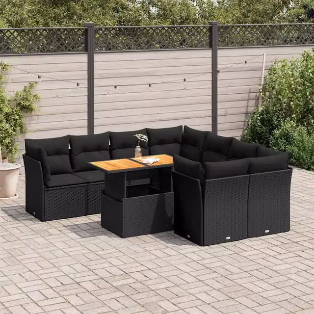Set Divani da Giardino 9 pz con Cuscini Nero in Polyrattan 3326904
