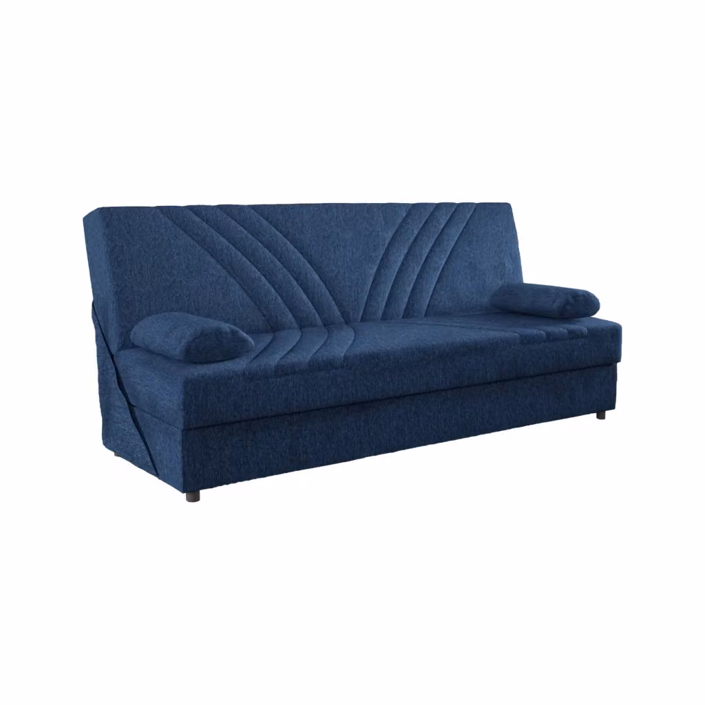 Divano letto Apicella DMORA con contenitore, modello a 3 posti in tessuto blu con apertura click-clack e 2 cuscini inclusi, L: 181 cm, P: 81 cm, H: 88 cm – 2