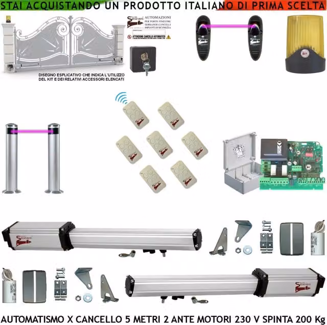 Apricancello 5 Metri 2 Ante da 2,5 MT Kit Motori Elettromeccanici 230 V Sblocco Corsa 300 mm Spinta 2 Q.tali Staffe 2 Coppie Fotocellule 2 Paline 7 Radiocomandi Selettore 2 Ck.i Faro Cartello Monitore