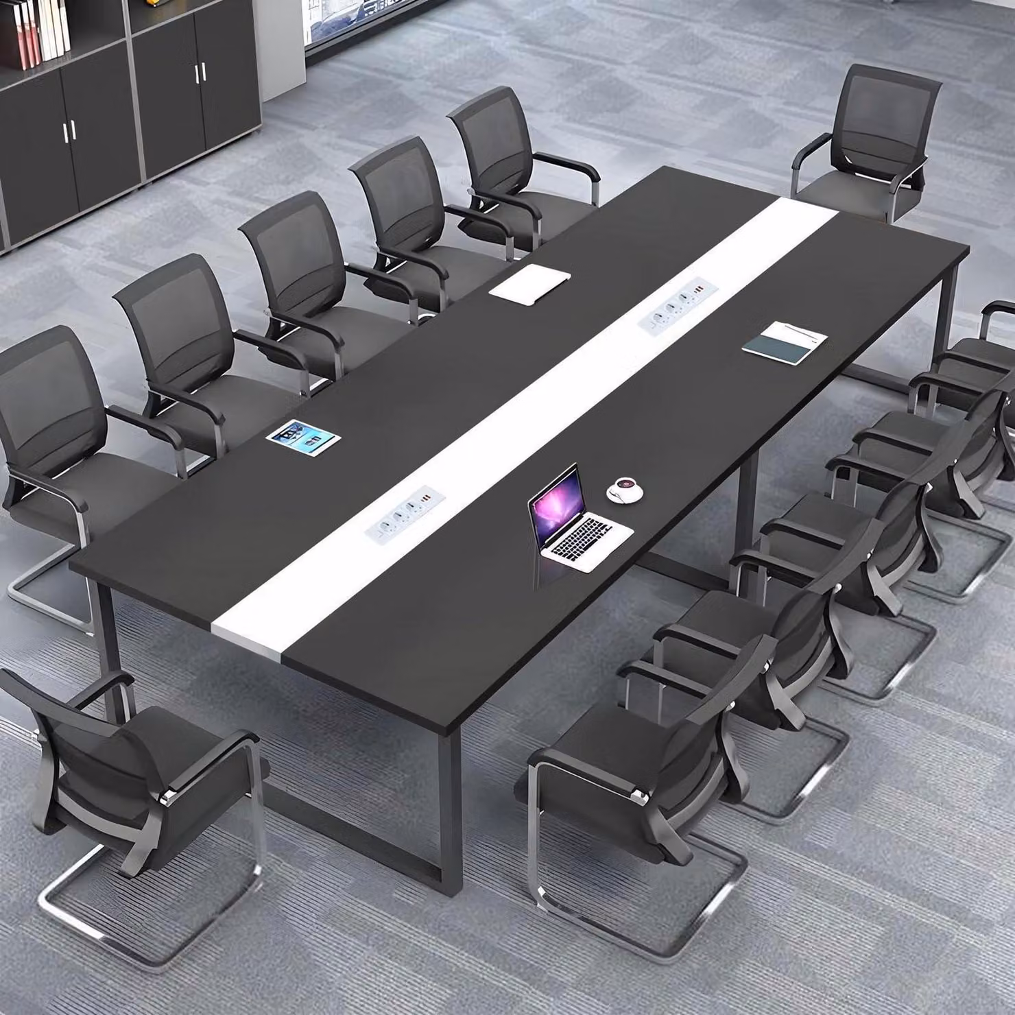 Tavolo da conferenza con sistema di gestione dei cavi, dimensioni 360x120x74 cm, design moderno, ideale per l'ufficio