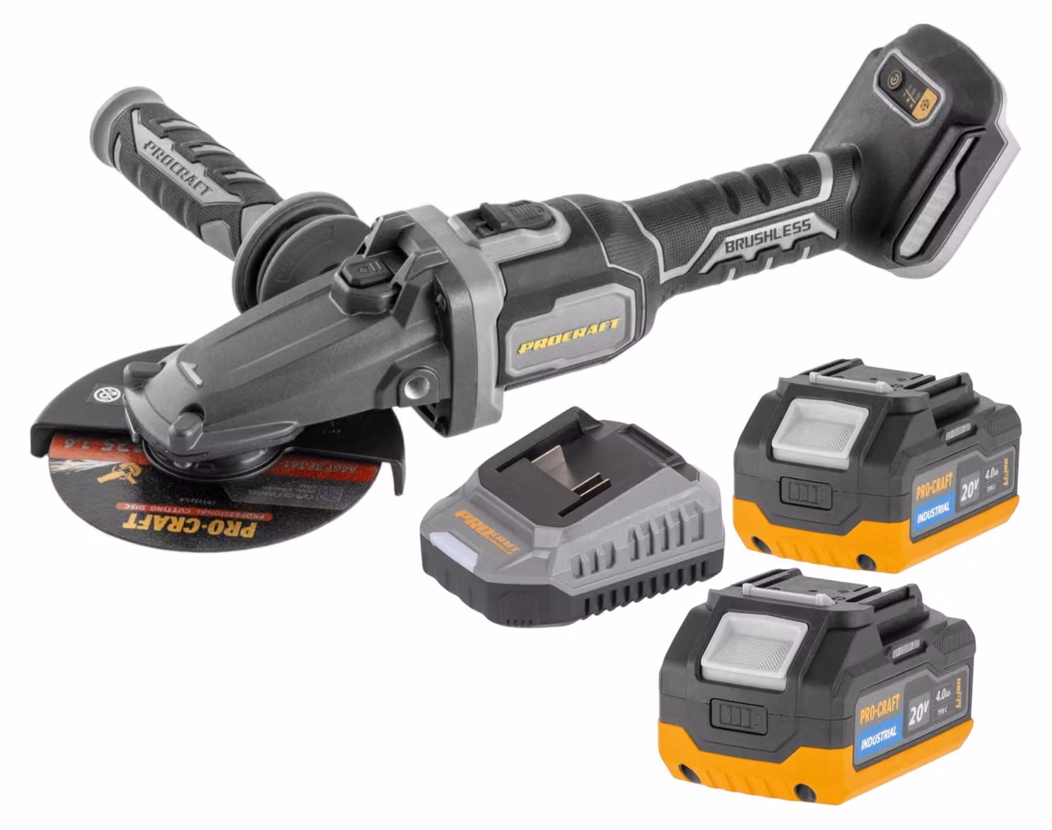Procraft Industrial AG125Cbb Smerigliatrice angolare a batteria a testa piatta 20 V 125 mm Brushless Solo - senza batteria, senza caricabatterie