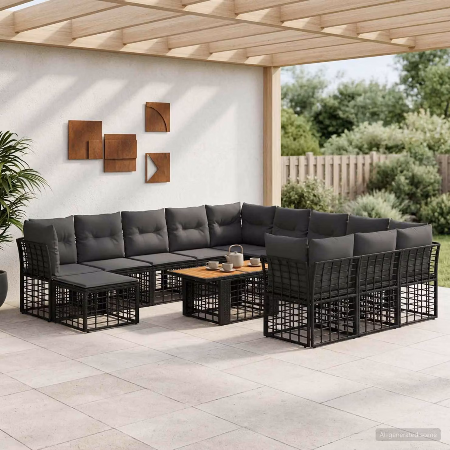 Set Divano da Giardino vidaXL 13 pz in Polyrattan Nero e Grigio con Cuscini e Tavolino da Esterno a Forma di U