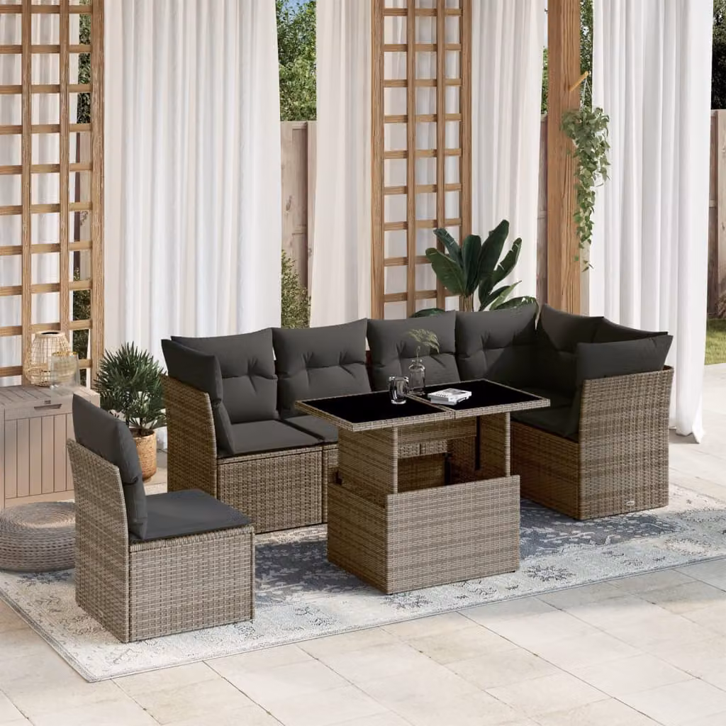 vidaXL Set Divani da Giardino 7 pz a Forma a L con Cuscini Grigio in Polyrattan e Struttura in Acciaio – 1