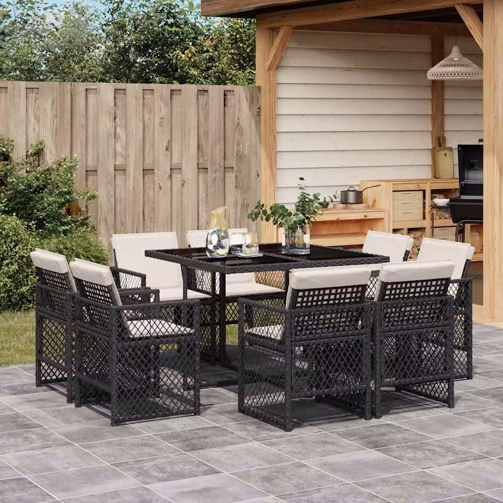 Set da pranzo da giardino vidaXL in polyrattan nero con cuscini e piano in vetro per 9 persone – 1