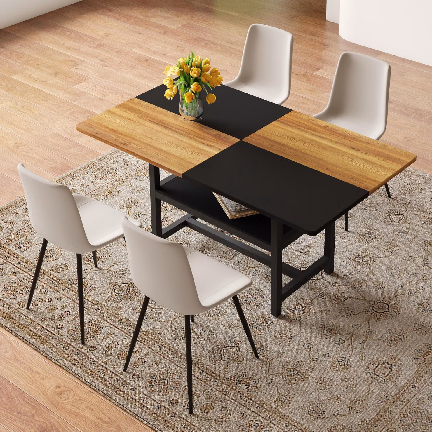 STILVORA Set da pranzo rettangolare con piano da 160 cm e ripiano da 88x50 cm, oltre a 4 sedie da pranzo in grigio caldo con cuscino di seduta allargato; tavolo da pranzo con piano resistente all'acqua e ai graffi e gambe in metallo; set di sedie da pranz