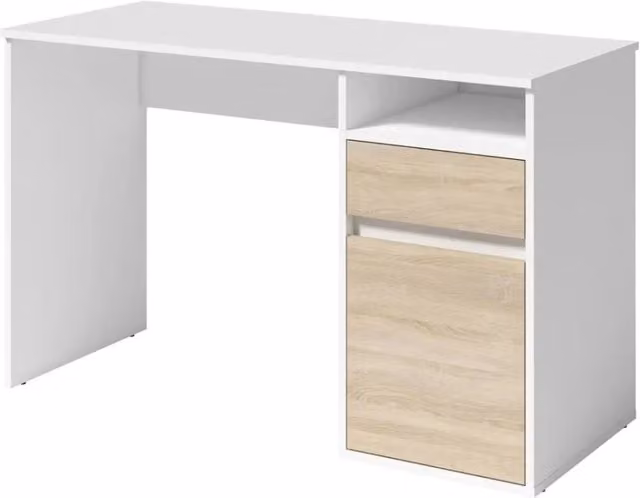 Scrivania BILOU bianca con cassetto e porta in rovere chiaro – Compatta e luminosa per bambino
