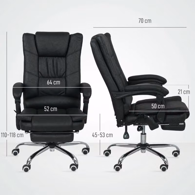 Sedia da ufficio executive WISHDOR nera con funzione massaggiante e riscaldante, schienale reclinabile a 135 gradi, poggiapiedi, poggiatesta e braccioli, regolabile in altezza, L: 70 cm, P: 64 cm, H: 120 cm – 2