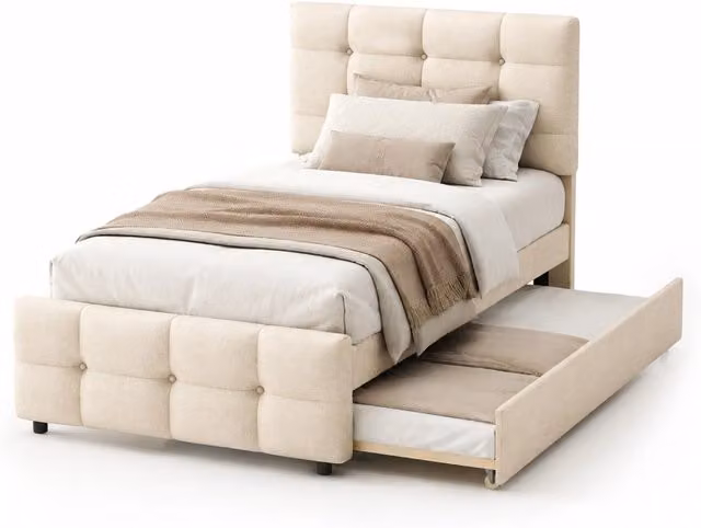Letto singolo imbottito 90x200 cm con letto estraibile e testiera regolabile; beige