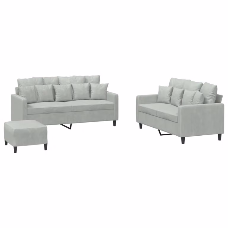 Set di Divani 3 pz con Cuscini Grigio Chiaro in Velluto