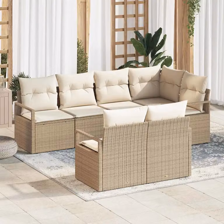 Set di divani da giardino vidaXL in 7 pezzi color beige con cuscini in tessuto resistente ai raggi UV e struttura in metallo rivestita in rattan