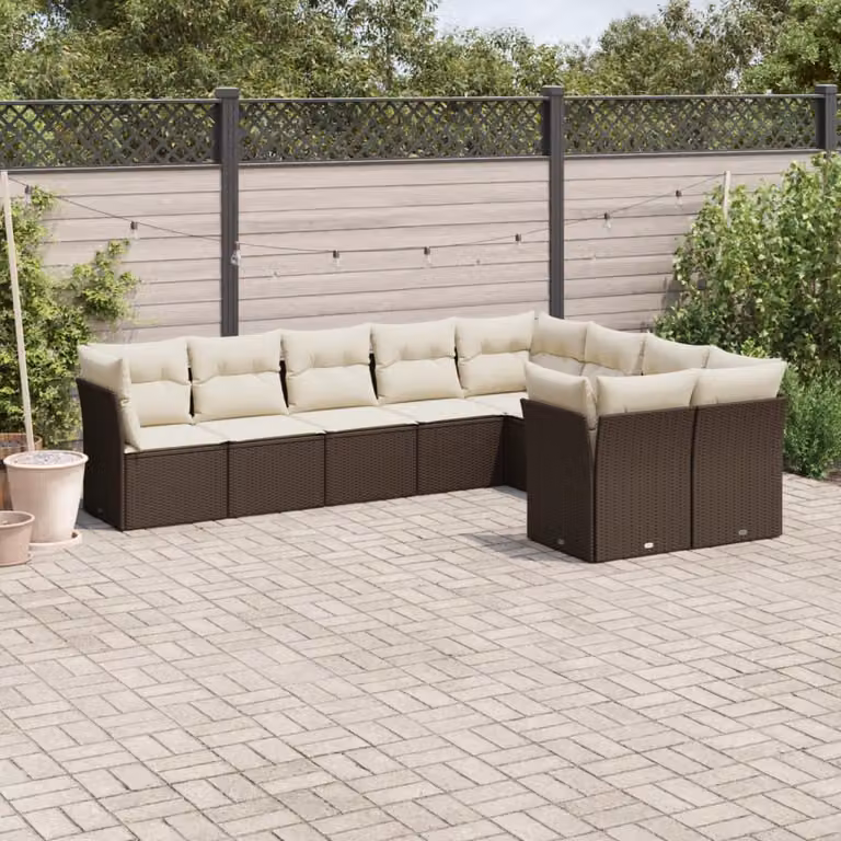 Set di divani da giardino L-shape vidaXL in polyrattan marrone e bianco con 9 pezzi e cuscini inclusi