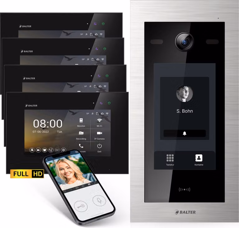 Videocitofono Balter EVO-HD con touchscreen nero, app per smartphone, casa 1 famiglia, monitor 4x 7 pollici, campanello con telecamera Full HD, bus a 2 fili