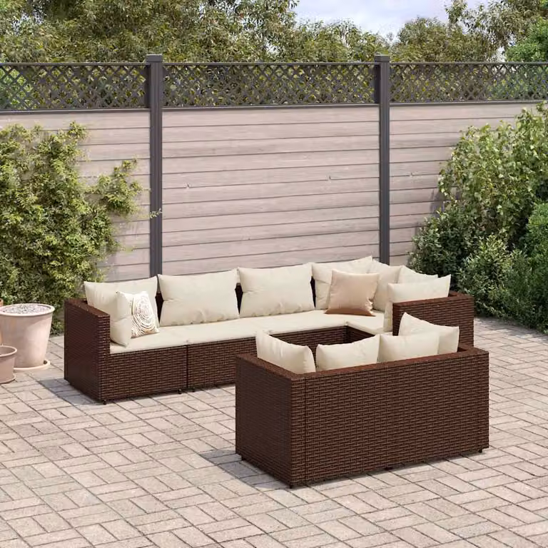 Set Divani da Giardino vidaXL 7 pz in Polyrattan Marrone e Bianco con Cuscini e Struttura in Acciaio Verniciato a Polvere