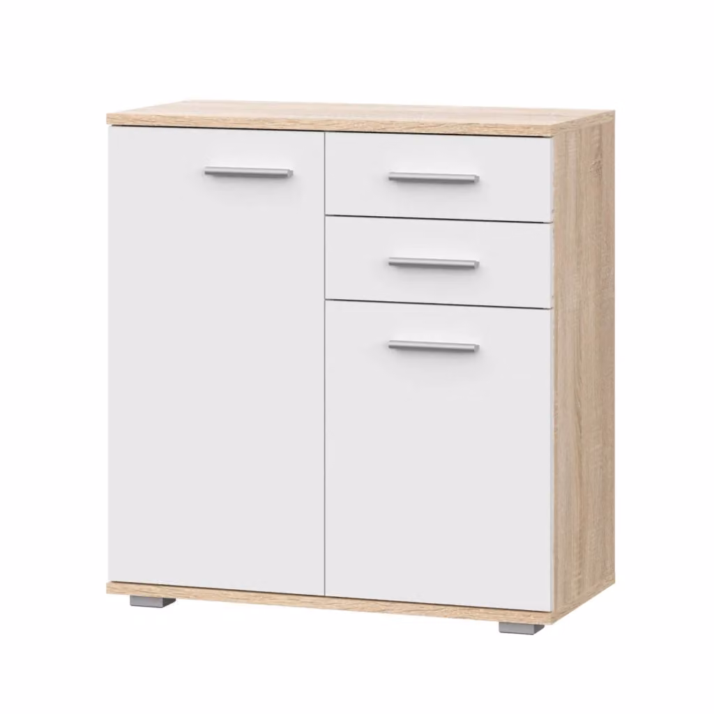 Commode Komodee in stile scandinavo con 2 cassetti e 2 porte, colore bianco e quercia, L: 69 cm, H: 74 cm, P: 34 cm – 2