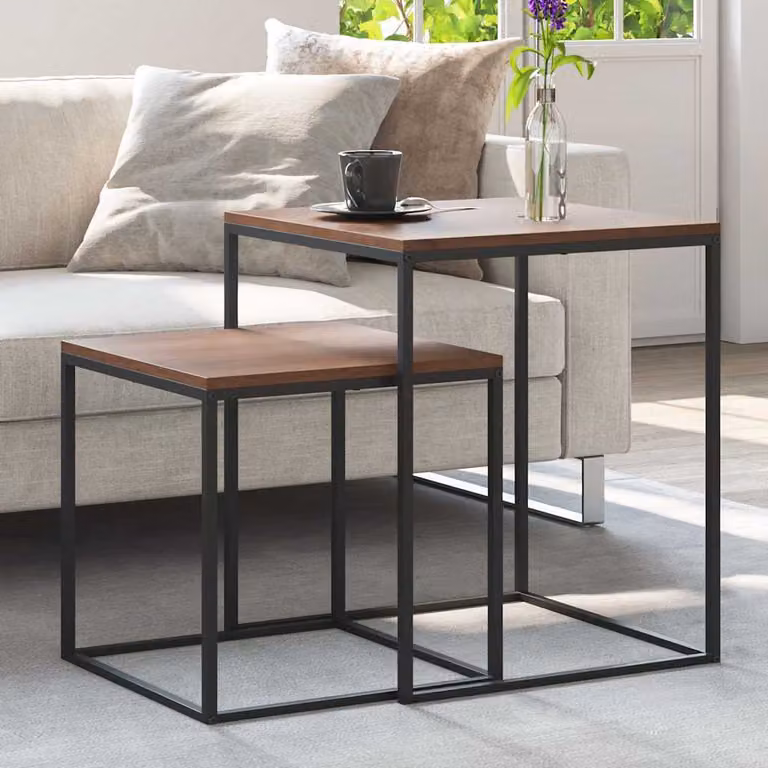 Set di 2 tavolini da soggiorno vidaXL in legno e metallo stile industriale, marrone e nero, L/P/H: 40 x 40 x 48 cm e 40 x 40 x 40 cm